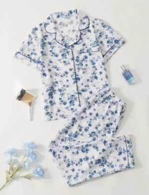 Women Sleepwear, Blue Floral/White
