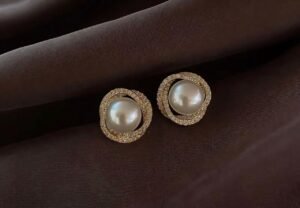 5 BUSINESS DAYS Pair of Gold Plated Spiral Stud Earrings with Rhinestones